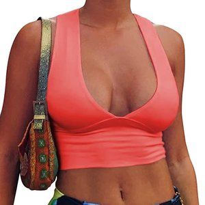 Women Deep V Neck Back Cutout Sleeveless Plunge Racerback Tank Cropped Top